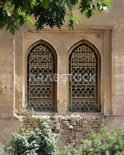 البناء الهندسي المعماري على النمط القديم،  نوافذ و تصاميم على الطراز الديني الاسلامي, نوافذ خشبية منحوتة بالنقوش والزخارف التراثية، الاشجار والنباتات الخضراء