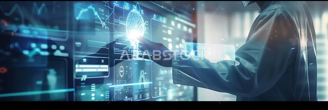 استخدام التقنية والتكنولوجيا في البحث الصحي، التطور والتقدم في المجالات الطبية في المملكة العربية السعودية, طبيب عربي خليجي سعودية يرتدي المعطف الأبيض يقف أمام شاشة رقمية ضخمة تعرض تحليلات عن صحة الانسان