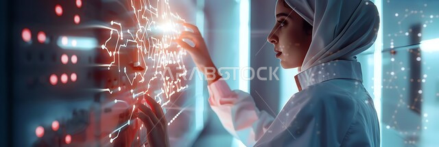 Using technology and technology in health research, development and progress in medical fields in the Kingdom of Saudi Arabia, a Saudi Arabian Gulf female doctor wearing a white coat stands in front of a huge digital screen displaying analyses of human health