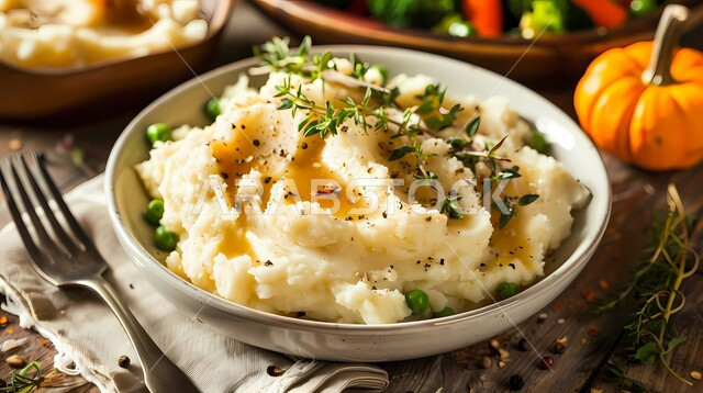 Creamy mashed potatoes with broth, thyme and peas, artistic food decoration, traditional popular foods and dishes, delicious cold vegetarian appetizers, Saudi Arabia restaurants, delicious oriental Arabic food recipes