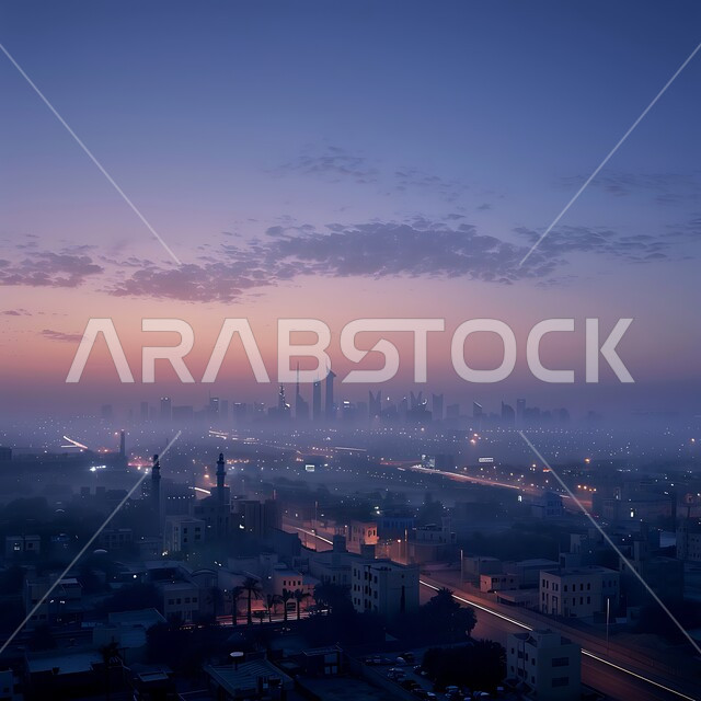 الأجواء الضبابية الهادئة، تنمية المنشآت الهندسية الحديثة في المملكة العربية السعودية، المباني السكنية وناطحات السحاب, أفق مدينة الرياض في وقت شروق الشمس, الفن الهندسي المعماري المتطور للأبراج، معالم وأماكن سياحية مشهورة لجذب الزوار من شتى أنحاء العالم