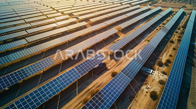 مفهوم انتاج الطاقة البديلة الصديقة للبيئة في المملكة العربية السعودية، توليد الكهرباء بواسطة أشعة الشمس، منظر لألواح الطاقة الكهروضوئية وسط الصحراء في وقت النهار، محطات الطاقات الشمسية المتجددة، مزرعة الخلايا الشمسية على الرمال الذهبية الناعمة