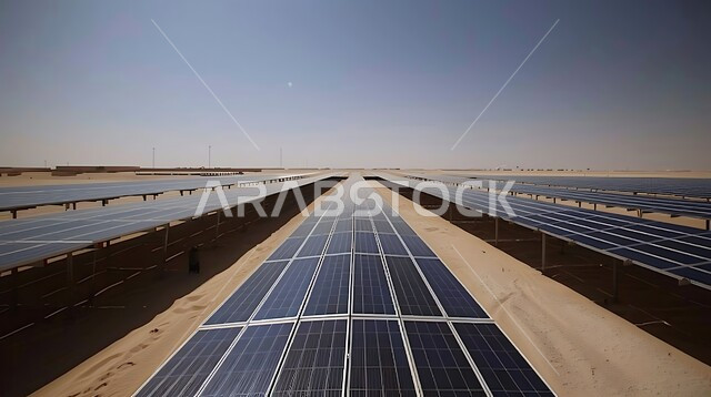 محطات الطاقات الشمسية المتجددة، مزرعة الخلايا الشمسية على الرمال الذهبية الناعمة، مفهوم انتاج الطاقة البديلة الصديقة للبيئة في المملكة العربية السعودية، توليد الكهرباء بواسطة أشعة الشمس، منظر لألواح الطاقة الكهروضوئية وسط الصحراء في وقت النهار