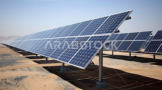مزرعة الخلايا الشمسية على الرمال الذهبية الناعمة، مفهوم انتاج الطاقة البديلة الصديقة للبيئة في المملكة العربية السعودية، توليد الكهرباء بواسطة أشعة الشمس، منظر لألواح الطاقة الكهروضوئية وسط الصحراء في وقت النهار، محطات الطاقات الشمسية المتجددة