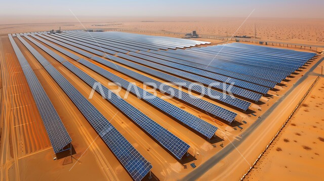 مفهوم انتاج الطاقة البديلة الصديقة للبيئة في المملكة العربية السعودية، توليد الكهرباء بواسطة أشعة الشمس، منظر لألواح الطاقة الكهروضوئية وسط الصحراء في وقت النهار، محطات الطاقات الشمسية المتجددة, مزرعة الخلايا الشمسية على الرمال الذهبية الناعمة