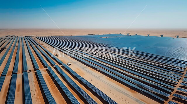 توليد الكهرباء بواسطة أشعة الشمس، منظر لألواح الطاقة الكهروضوئية وسط الصحراء في وقت النهار، محطات الطاقات الشمسية المتجددة, مزرعة الخلايا الشمسية على الرمال الذهبية الناعمة, مفهوم انتاج الطاقة البديلة الصديقة للبيئة في المملكة العربية السعودية