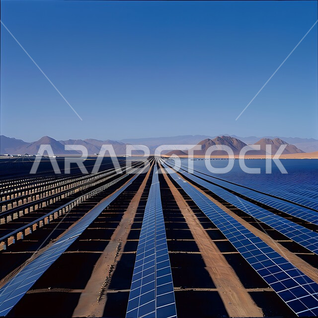 محطات الطاقات الشمسية المتجددة, مزرعة الخلايا الشمسية على الرمال الذهبية الناعمة, مفهوم انتاج الطاقة البديلة الصديقة للبيئة في المملكة العربية السعودية, توليد الكهرباء بواسطة أشعة الشمس، منظر لألواح الطاقة الكهروضوئية وسط الصحراء في وقت النهار