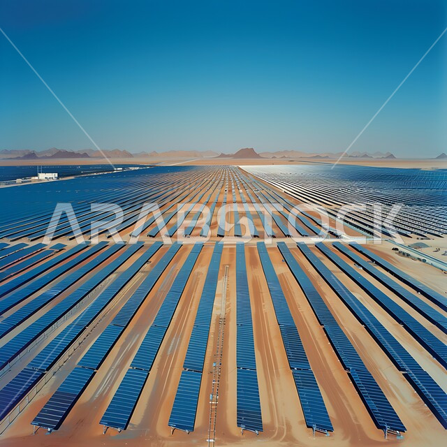مزرعة الخلايا الشمسية على الرمال الذهبية الناعمة, مفهوم انتاج الطاقة البديلة الصديقة للبيئة في المملكة العربية السعودية, توليد الكهرباء بواسطة أشعة الشمس، محطات الطاقات الشمسية المتجددة, منظر لألواح الطاقة الكهروضوئية وسط الصحراء في وقت النهار