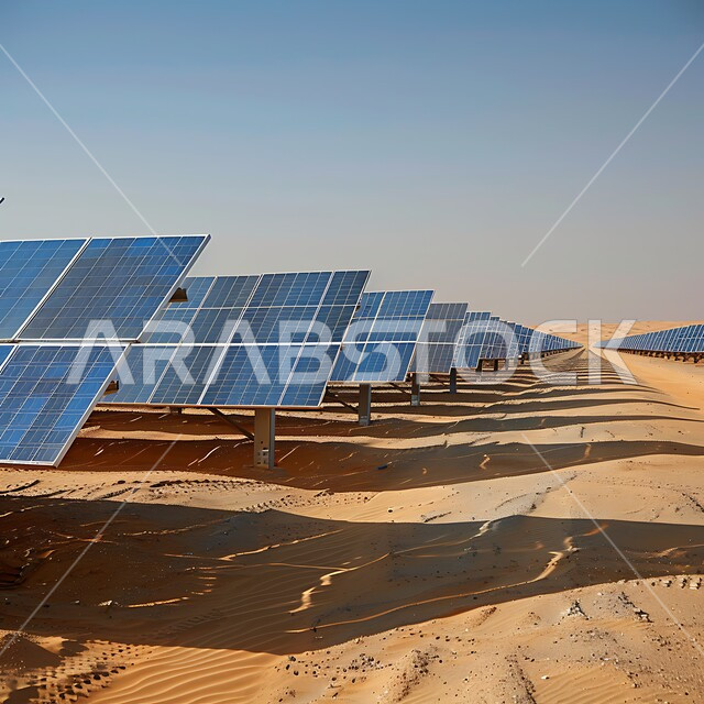 توليد الكهرباء بواسطة أشعة الشمس، مفهوم انتاج الطاقة البديلة الصديقة للبيئة في المملكة العربية السعودية, مزرعة الخلايا الشمسية على الرمال الذهبية الناعمة, محطات الطاقات الشمسية المتجددة, منظر لألواح الطاقة الكهروضوئية وسط الصحراء في وقت النهار