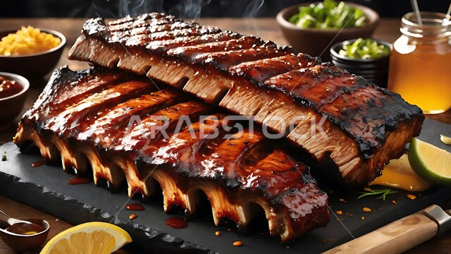 وصفات اللحوم المشوية الغنية بالبروتين ،فنون تقديم المأكولات العربية الشرقية في مطاعم المملكة العربية السعودية ،صورة مقربة لطبق من الاضلاع المشوية ،اطباق الباربكيو الشهية