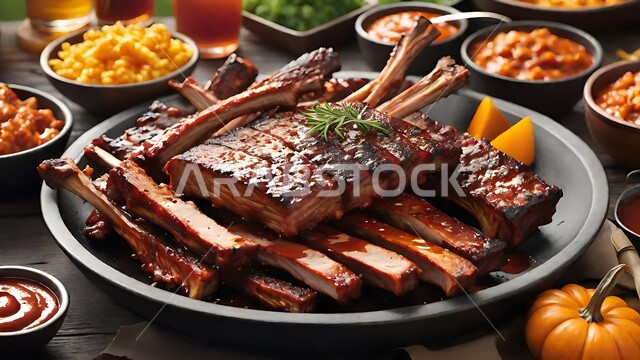 وصفات اللحوم المشوية الغنية بالبروتين ،فنون تقديم المأكولات العربية الشرقية في مطاعم المملكة العربية السعودية ،صورة مقربة لطبق من الاضلاع المشوية مع المقبلات ،اطباق الباربكيو الشهية