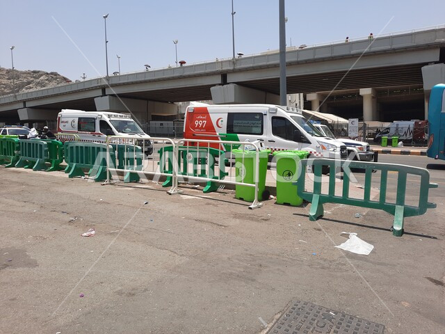 Ambulances lining up at Jamarat Bridge in Mecca, performing Hajj and Umrah rituals, maintaining the safety of pilgrims and Umrah performers, holy Islamic places in the Kingdom of Saudi Arabia