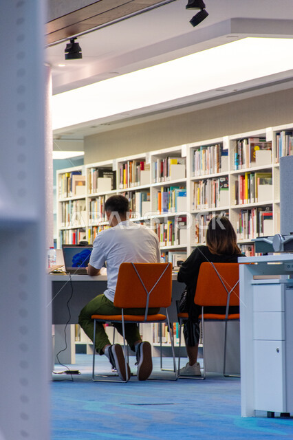 Famous Emirati landmarks and places, a couple inside the Mohammed bin Rashid Library in Dubai, the United Arab Emirates, reading and reading in free time