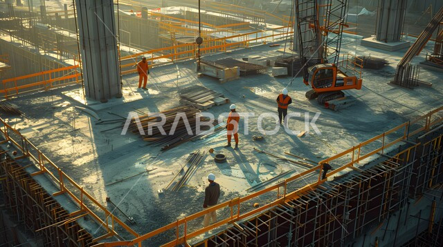 مبنى قيد الانشاء في المملكة العربية السعودية, الآلات والمعدات الثقيلة والرافعات والسقالات العالية, مفهوم الهندسة الانشائية والمعمارية, أعمال البناء وصب الخرسانات ووضع الأساسات, تنفيذ مخطط الإعمار وتشكيل الهيكل المعدني, برج تحت التشييد باستخدام الآليات الحديثة