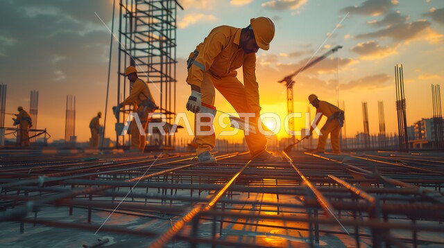 مبنى قيد الانشاء في المملكة العربية السعودية, الآلات والمعدات الثقيلة والرافعات والسقالات العالية, مفهوم الهندسة الانشائية والمعمارية, أعمال البناء وصب الخرسانات ووضع الأساسات, تنفيذ مخطط الإعمار وتشكيل الهيكل المعدني, برج تحت التشييد باستخدام الآليات الحديثة