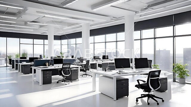 Modern office equipment with elegant and comfortable furniture, modern design for Saudi Arabia companies’ offices, upscale interior designs and decorations in a modern style, huge glass facades in the office