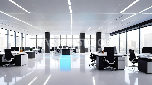 تجهيزات مكتبية حديثة بأثاث أنيق ومريح، تصميم عصري لمكاتب شركات المملكة العربية السعودية, تصاميم داخلية وديكورات راقية على الطراز الحديث,  واجهات زجاجية ضخمة في مكتب العمل