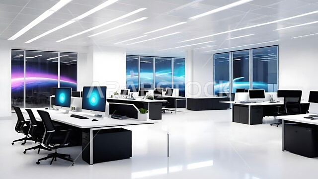 تجهيزات مكتبية حديثة بأثاث أنيق ومريح، تصميم عصري لمكاتب شركات المملكة العربية السعودية, تصاميم داخلية وديكورات راقية على الطراز الحديث,  واجهات زجاجية ضخمة في مكتب العمل