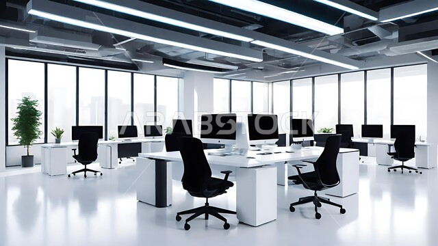 تصميم عصري لمكاتب شركات المملكة العربية السعودية, تجهيزات مكتبية حديثة بأثاث أنيق ومريح، تصاميم داخلية وديكورات راقية على الطراز الحديث,  واجهات زجاجية ضخمة في مكتب العمل