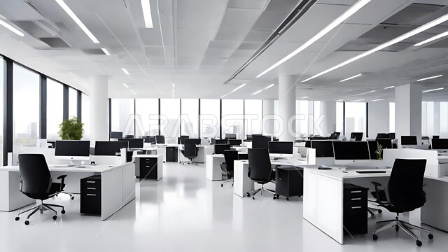 تصميم عصري لمكاتب شركات المملكة العربية السعودية, تجهيزات مكتبية حديثة بأثاث أنيق ومريح، تصاميم داخلية وديكورات راقية على الطراز الحديث,  واجهات زجاجية ضخمة في مكتب العمل