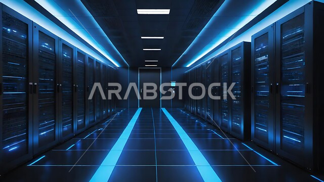 Data storage network, server control room and internet servers, data center, server and data storage yard, digital development and future technology, digital transformation concept
