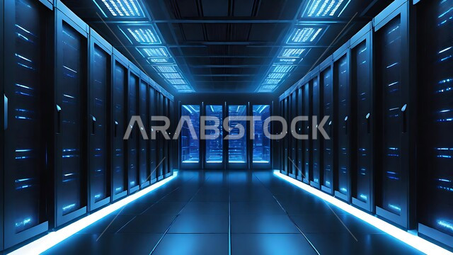 Data center, data storage network, server control room and internet servers, server and data farm and storage, digital development and future technology, digital transformation concept