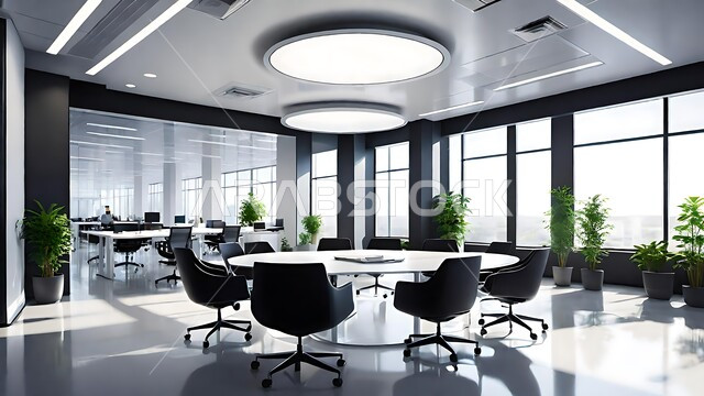  تجهيزات مكتبية حديثة بأثاث أنيق ومريح، تصاميم داخلية وديكورات راقية على الطراز الحديث, تصميم عصري لمكاتب شركات المملكة العربية السعودية, واجهات زجاجية ضخمة في مكتب العمل