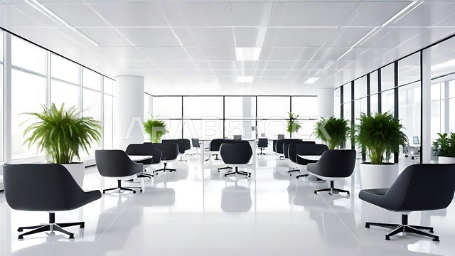 Modern office equipment with elegant and comfortable furniture, modern interior designs and upscale decorations, modern design for Saudi Arabia companies’ offices, huge glass facades in the office