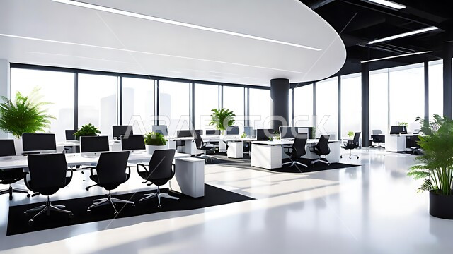 Modern office equipment with elegant and comfortable furniture, modern interior designs and upscale decorations, modern design for Saudi Arabia companies’ offices, huge glass facades in the office