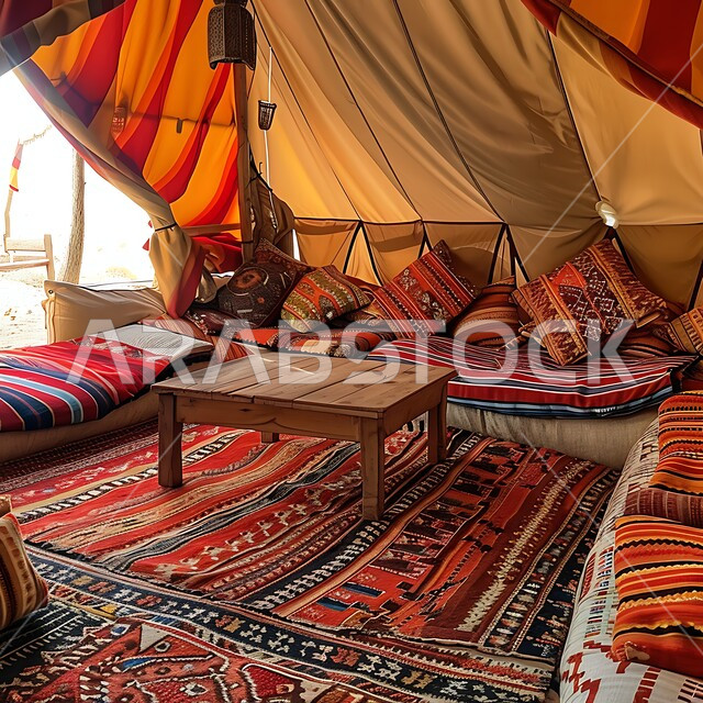  مجالس عربية تقليدية، كشتة و جلسة بر شبابية، التخييم في المناطق الطبيعية في المملكة العربية السعودية، خيمة بدوية شعبية وسط الرمال الذهبية في النهار، مخيمات سياحية في المناطق البرية