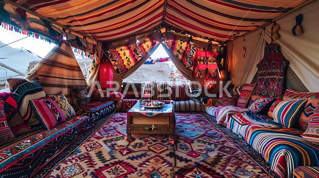  مجالس عربية تقليدية، كشتة و جلسة بر شبابية، التخييم في المناطق الطبيعية في المملكة العربية السعودية، خيمة بدوية شعبية وسط الرمال الذهبية في النهار، مخيمات سياحية في المناطق البرية