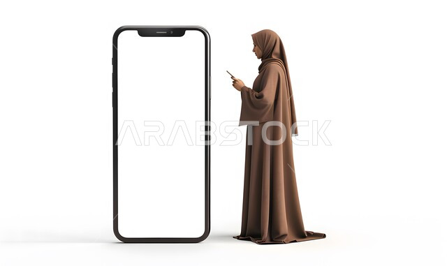 استخدام التقنيات الحديثة المتطورة, بورتريه من الجانب لامرأة عربيه خليجية سعودية محجبة ترتدي العباءه الملونة تمسك بيدها جهاز الجوال، مجسم لهاتف محمول كبير بشاشة  فارغة، موك أب لمربع أبيض كبير، خلفية بيضاء