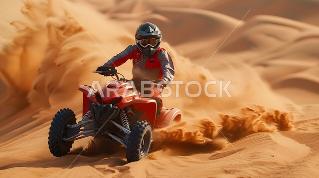 Fun youth activities in the desert environment, safari adventures on the sand dunes, a Saudi Gulf Arab woman wearing a casual outfit and a protective helmet riding a four-wheel drive bike in the middle of the desert, a view of the sky full of clouds over the golden sand.