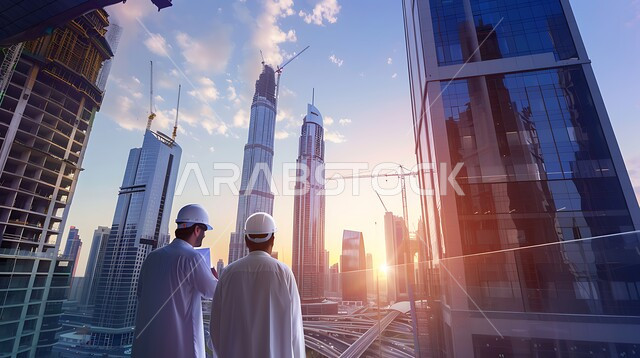 متابعة ومراقبة عملية البناء, مفهوم التطور التقدم العمراني في المملكة العربية السعودية, الاشراف على سير خطة العمل في موقع الانشاء, صورة مقربة من الخلف لمهندسان عربيان خليجيان سعوديان يرتديان خوذة الحماية يعملان في المجال الهندسي, مهن ووظائف سعودية