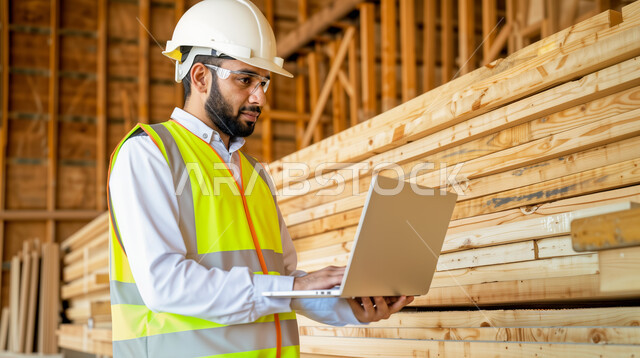 التحكم بالمعدات باستخدام التقنية والتكنولوجيا، معمل تصنيع الأثاث الخشبي، مهن ووظائف صناعية، ورشات النجارة في السعودية، المتابعة والإشراف على آلات المعمل، مهندس عربي خليجي سعودي يرتدي سترة وخوذة الحماية يحمل بيده الحاسوب المحمول