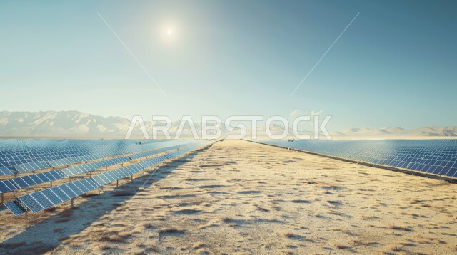 توليد الكهرباء بواسطة أشعة الشمس، مفهوم انتاج الطاقة البديلة الصديقة للبيئة في المملكة العربية السعودية, مزرعة الخلايا الشمسية على الرمال الذهبية الناعمة, محطات الطاقات الشمسية المتجددة, منظر لألواح الطاقة الكهروضوئية وسط الصحراء
