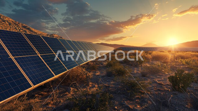 مفهوم انتاج الطاقة البديلة الصديقة للبيئة في المملكة العربية السعودية, توليد الكهرباء بواسطة أشعة الشمس، مزرعة الخلايا الشمسية على الرمال الذهبية الناعمة, محطات الطاقات الشمسية المتجددة, منظر لألواح الطاقة الكهروضوئية وسط الصحراء