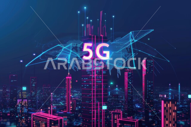 منظر تخيلي مستقبلي للأبراج والمباني في السعودية، استعمال التقنيات المتطورة في انشاء المدن الحديثة، رؤية سعودية مستقبلية 2030، مفهوم المدينة الذكية وشبكة الاتصالات الكبيرة، التقدم في قطاع تكنولوجيا المعلومات، اختصار الجيل الخامس للشبكات على برج اتصال مرتفع