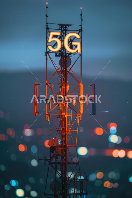 مفهوم المدينة الذكية وشبكة الاتصالات الكبيرة، التقدم في قطاع تكنولوجيا المعلومات، اختصار الجيل الخامس للشبكات على برج اتصال مرتفع، رؤية سعودية مستقبلية 2030، استخدام التقنيات المتطورة في انشاء المدن الحديثة، منظر تخيلي مستقبلي للأبراج والمباني في السعودية