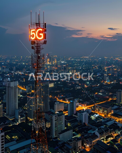 اختصار الجيل الخامس للشبكات على برج اتصال مرتفع، التقدم في قطاع تكنولوجيا المعلومات، شبكة الاتصالات الكبيرة ومفهوم المدينة الذكية، رؤية سعودية مستقبلية 2030، استخدام التقنيات المتطورة في انشاء المدن الحديثة، منظر تخيلي مستقبلي للأبراج والمباني في السعودية