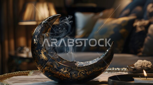 التعطر والتطيب باطيب الروائح والعطور، أصالة العادات والتقاليد في المملكة العربية السعودية، منظر الدخان المنتشر من البخور، منتج وطني محلي سعودي، مبخرة تقليدية مزخرفة في مكان تراثي، خشب العود الفاخر والفحم