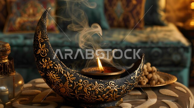 مبخرة تقليدية مزخرفة في مكان تراثي، خشب العود الفاخر والفحم، التعطر والتطيب باطيب الروائح والعطور، أصالة العادات والتقاليد في المملكة العربية السعودية، منظر الدخان المنتشر من البخور، منتج وطني محلي سعودي