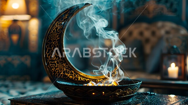 التطيب والتعطر باطيب الروائح والعطور، أصالة العادات والتقاليد في المملكة العربية السعودية، منظر الدخان المنتشر من البخور، منتج وطني محلي سعودي، مبخرة تقليدية مزخرفة في مكان تراثي، خشب العود الفاخر والفحم