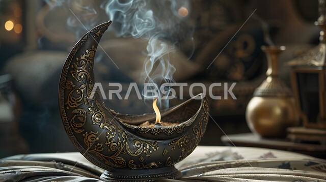 Authenticity of customs and traditions in the Kingdom of Saudi Arabia, the view of the smoke spreading from incense, a local Saudi national product, a traditional decorated incense burner in a heritage place, luxurious oud wood and charcoal, perfuming and scenting with the best scents and perfumes
