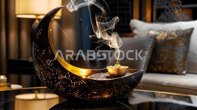 View of smoke spreading from incense, a local Saudi national product, a traditional decorated incense burner in a heritage place, luxurious oud wood and charcoal, perfuming and scenting with the best scents and perfumes, the authenticity of customs and traditions in the Kingdom of Saudi Arabia