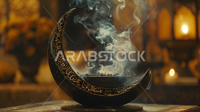 مبخرة تقليدية مزخرفة في مكان تراثي، خشب العود الفاخر والفحم، التطيب والتعطر باطيب الروائح والعطور، أصالة العادات والتقاليد في المملكة العربية السعودية، منظر الدخان المنتشر من البخور، منتج وطني محلي سعودي