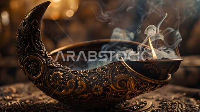 التطيب والتعطر باطيب الروائح والعطور، أصالة العادات والتقاليد في المملكة العربية السعودية، منظر الدخان المنتشر من البخور، منتج وطني محلي سعودي، خشب العود الفاخر والفحم، مبخرة تقليدية مزخرفة في مكان تراثي