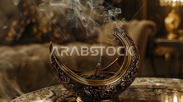 التعطر والتطيب باطيب الروائح والعطور، أصالة العادات والتقاليد في المملكة العربية السعودية، منظر الدخان المنتشر من البخور، منتج وطني محلي سعودي، خشب العود الفاخر والفحم، مبخرة تقليدية مزخرفة في مكان تراثي