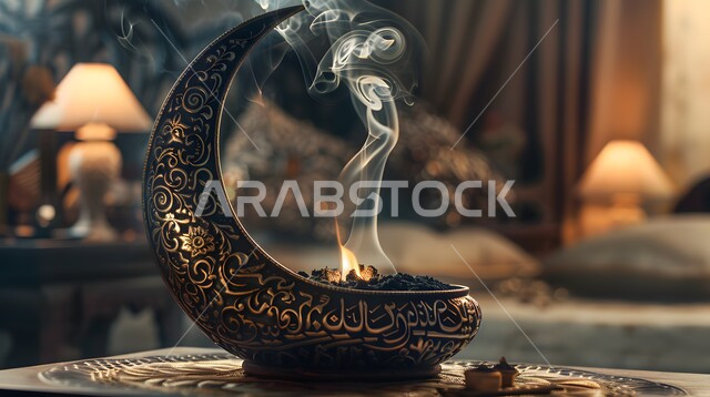 أصالة العادات والتقاليد في المملكة العربية السعودية، منظر الدخان المنتشر من البخور، منتج وطني محلي سعودي، التعطر والتطيب باطيب الروائح والعطور، خشب العود الفاخر والفحم، مبخرة تقليدية مزخرفة في مكان تراثي