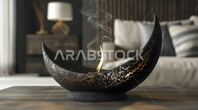 منظر الدخان المنتشر من البخور، أصالة العادات والتقاليد في المملكة العربية السعودية، التطيب والتعطر باطيب الروائح والعطور، خشب العود الفاخر والفحم، منتج وطني محلي سعودي، مبخرة  معدنية تقليدية مزخرفة